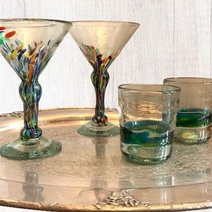 Hand blown confetti Carmen martini glasses (2) and color band rocks glasses (2)